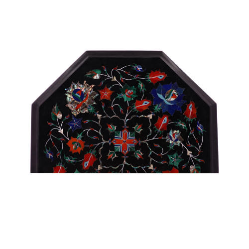Octagonal Black Marble Side Table Inlaid With Semiprecious Gemstone
