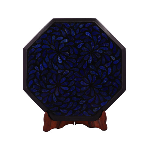 Octagonal Black Marble Side Table Inlaid With Lapislazuli Gemstone