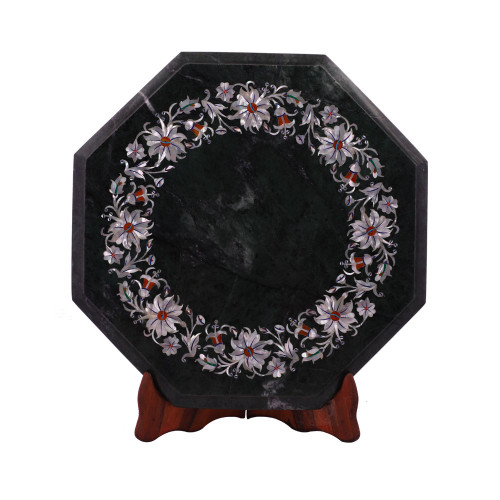 Octagonal Green Marble Side Table Inlaid With Mother of Pearl Gemstone