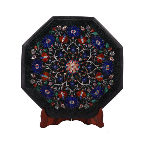 Floral Octagonal Green Marble Side Table Top