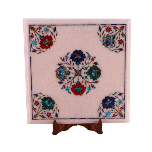 Home Decorative Square White Marble Corner Table Inlay Floral Design