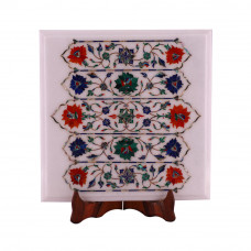 Square White Marble End Table Top Inlaid Floral Design