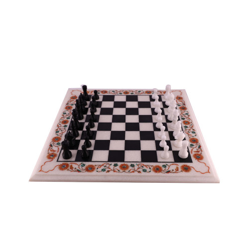 Luxury Square White Marble Chess Table Inlaid Real Gemstones 
