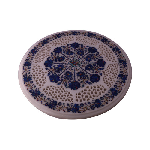 Handmade Round White Marble Coffee Table Inlay Lapis Lazuli Gemstone 