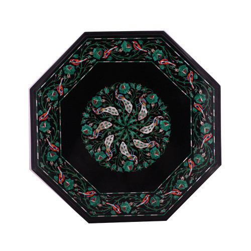 Solid Gemstone Inlay Handmade Octagonal Black Marble Side Table