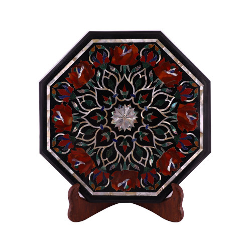 Pietra Dura Art Inlay Octagonal Black Marble Side Table