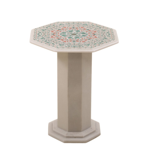 Fine Decorative White Marble Bedside Table Inlay Pietra Dura Art Work
