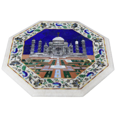 Tajmahal Design Pink Marble Inlay Side Table For Home Decoration