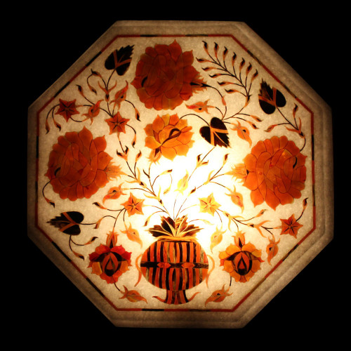 Bedside Table Top Octagonal White Marble Inlaid Carnelian Gemstone