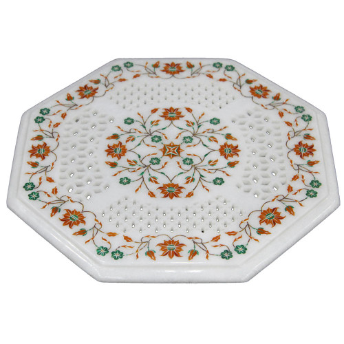 Filigree Side Table Top Octagonal White Marble Inlay Art