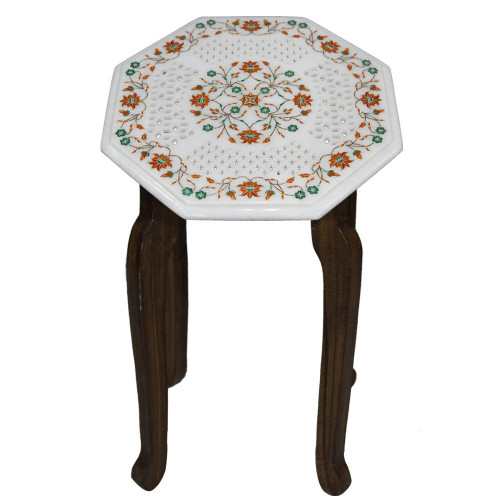Filigree Side Table Top Octagonal White Marble Inlay Art