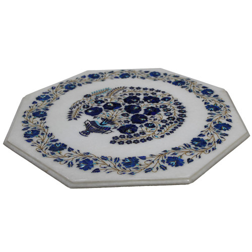 20" x 20" Inch White Marble Table Top Semi Precious Stone Inlay Octangle Shape Coffee Table Top