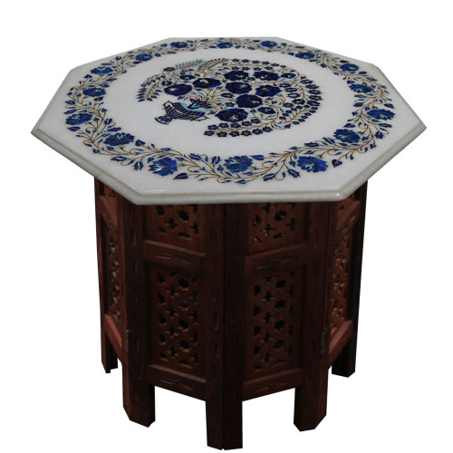 20" x 20" Inch White Marble Table Top Semi Precious Stone Inlay Octangle Shape Coffee Table Top