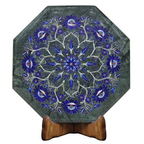 Octagonal Green Marble Side Table Top Scagliola Art