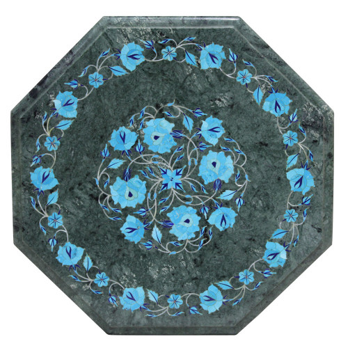 Octagonal Green Marble Table Inlaid Turquoise Gem Stone