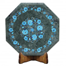 Octagonal Green Marble Table Inlaid Turquoise Gem Stone