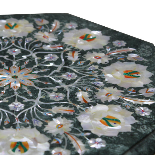 Octagonal Green Marble Table Top Inlaid Semi Precious Stones