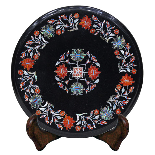 Round Black Marble Inlay Side And End Table Top 