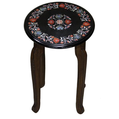 Round Black Marble Inlay Side And End Table Top 