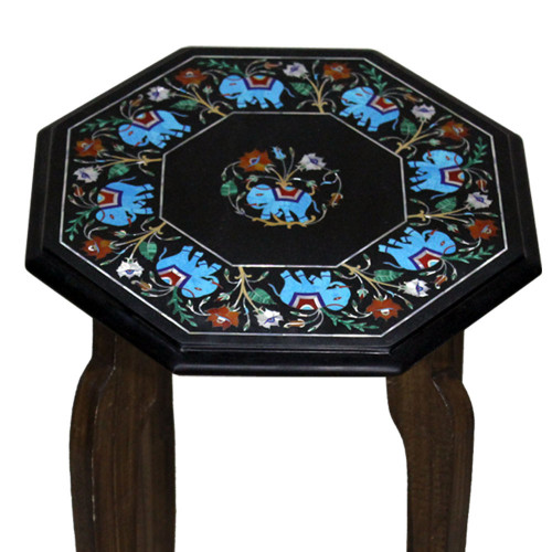 Black Marble Inlay Side Table Top Beautiful Pietra Dura Art