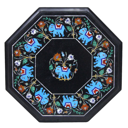 Black Marble Inlay Side Table Top Beautiful Pietra Dura Art
