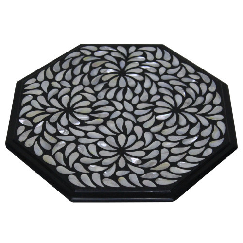 Vintage Black Marble Table Top Inlaid Mother of Pearl 