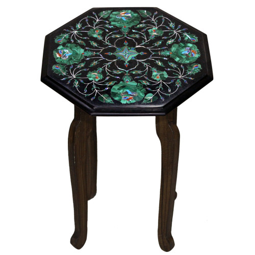 Octagonal Black Marble Bedside Table Inlaid Malachite Gemstone