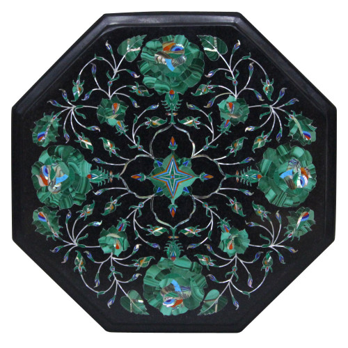 Octagonal Black Marble Bedside Table Inlaid Malachite Gemstone