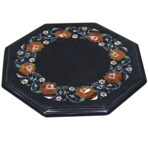 Octagonal Black Marble Bedside Table Inlaid Semi Precious Stones