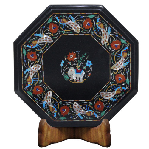 Antique Black Marble Inlay Side Table Elephant Marquetry Art