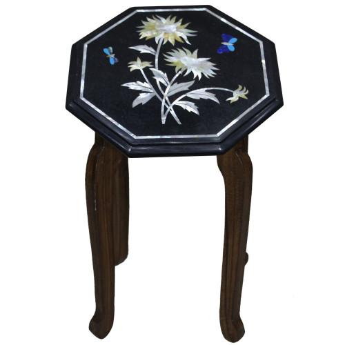 Black Marble Floral Design Side Table For Home Decor
