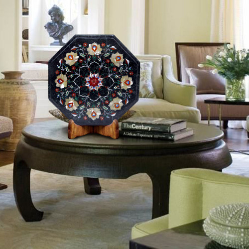 Octagonal Green Marble End Table Inlaid Mother of Pearl