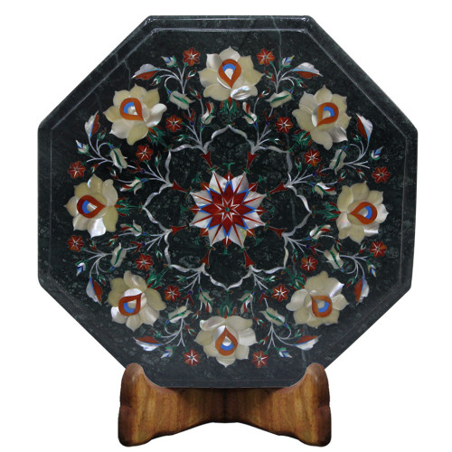 Octagonal Green Marble End Table Inlaid Mother of Pearl