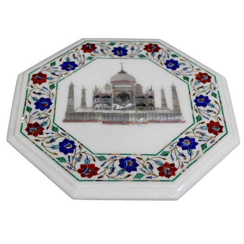 Octagonal White Marble Side Table Inlaid Semi Precious Stones