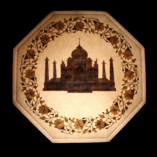 Octagonal White Marble Tajmahal Bedside Table Inlaid Mother of Pearl