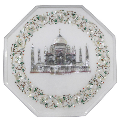 Octagonal White Marble Tajmahal Bedside Table Inlaid Mother of Pearl