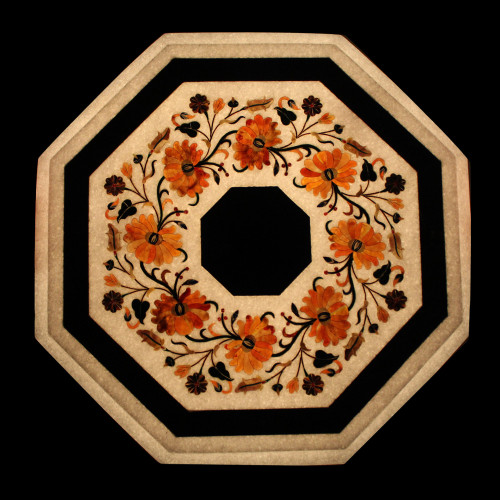 Octagonal White Marble Side Table Top Inlaid Carnelian Gemstone