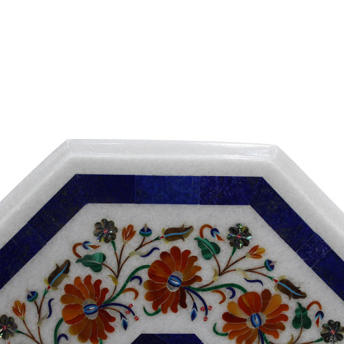 Octagonal White Marble Side Table Top Inlaid Carnelian Gemstone