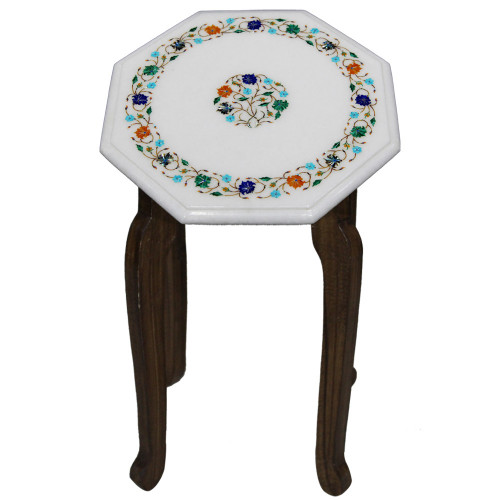 Octagonal White Marble Inlay Bedside Table Top Inlaid Multi Color Gemstones
