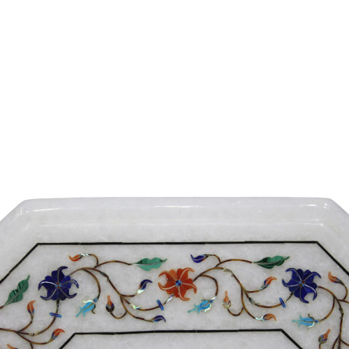 Vintage White Marble End Table Top Inlaid Lapis Lazuli Gemstone