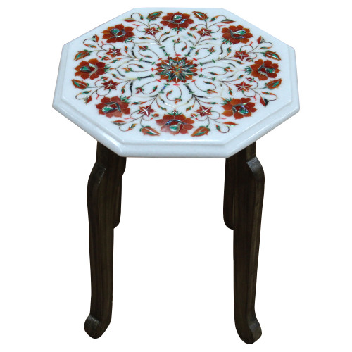 12" Side Table With Wooden Stand, Floral Pietra Dura Antique Art Work, Handmade Craft, For Home, A Unique Table Top To Decor Home & Office