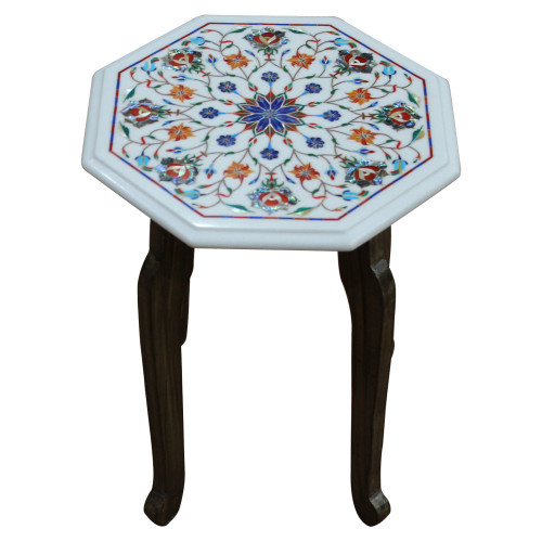 12" Side Table With Wooden Stand, Floral Pietra Dura Antique Art Work, Handmade Craft, For Home, A Unique Table Top To Decor Home & Office