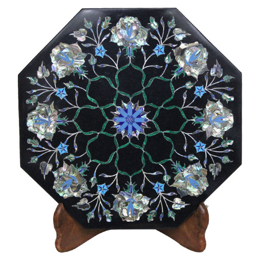 Antique Black Marble Tile Inlaid Semi Precious Stones