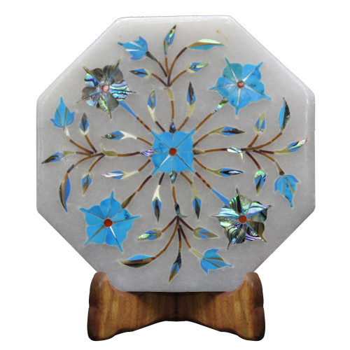White Marble Octangle Tile Inlaid Turquoise Gem Stone