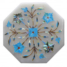 White Marble Octangle Tile Inlaid Turquoise Gem Stone