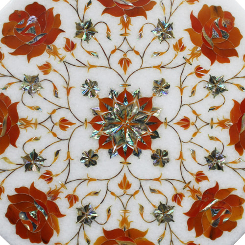 Decorative Mosaic Wall Tile White Marble Inlaid Carnelian And Paua Shell Gemstone