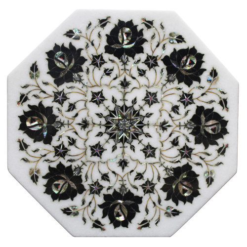 Octagonal White Marble Inlay Floor Tile Scagliola Art