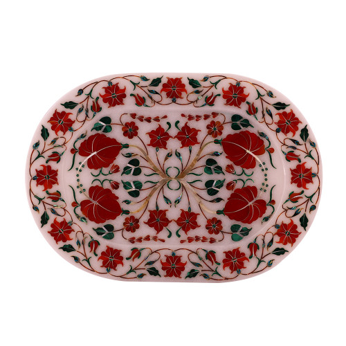 Wall Decorative Oval White Marble Inlay Tray Pietra Dura Art