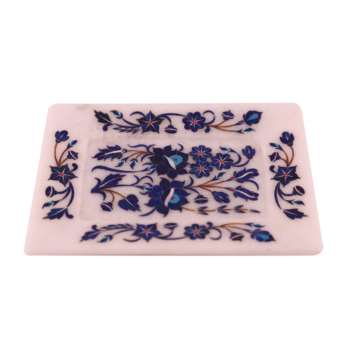 Rectangular White Marble Decorative Tray Inlaid Lapislazuli Gemstone