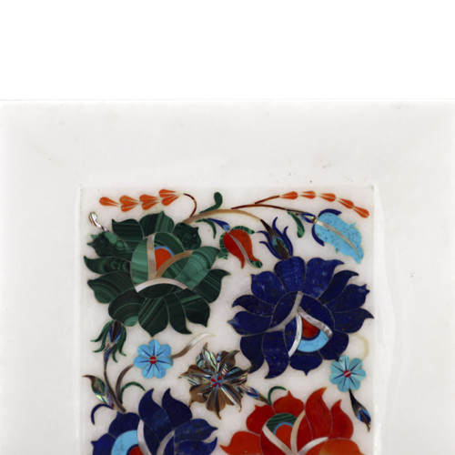 White Marble Inlay Decorative Serving Trays Floral Design